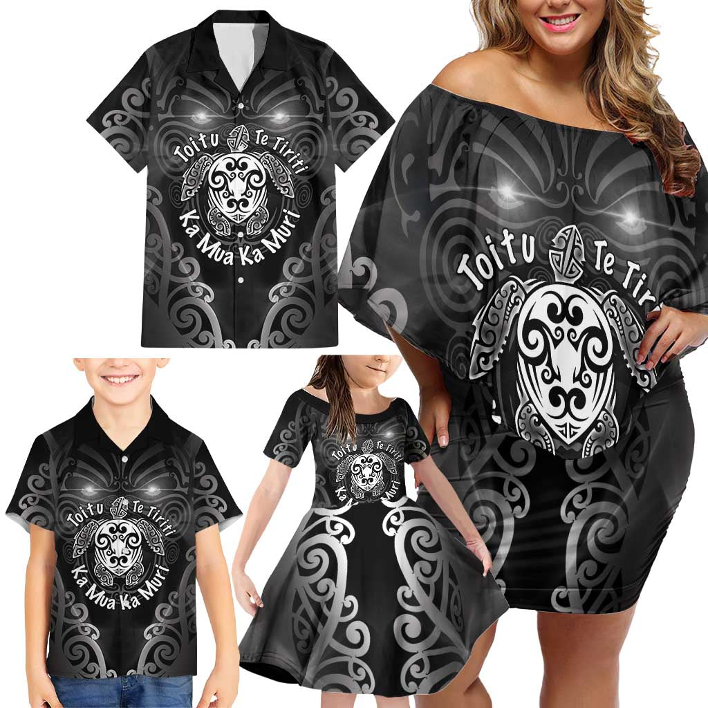 Aotearoa Toitu Te Tiriti Family Matching Off Shoulder Short Dress and Hawaiian Shirt Ka Mua Ka Muri