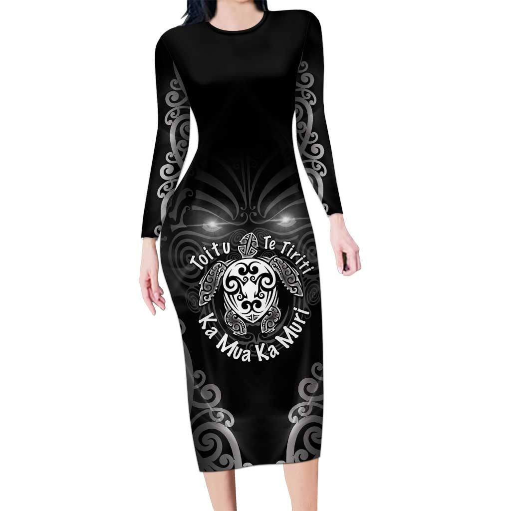Aotearoa Toitu Te Tiriti Long Sleeve Bodycon Dress Ka Mua Ka Muri LT05 Long Dress Black - Polynesian Pride