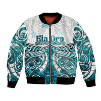 New Zealand Aotearoa Kia Ora Bomber Jacket Paua Shell Maori Silver Fern LT05 Unisex Turquoise - Polynesian Pride