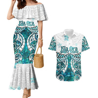 New Zealand Aotearoa Kia Ora Couples Matching Mermaid Dress and Hawaiian Shirt Paua Shell Maori Silver Fern LT05 Turquoise - Polynesian Pride