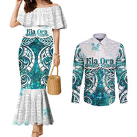 New Zealand Aotearoa Kia Ora Couples Matching Mermaid Dress and Long Sleeve Button Shirt Paua Shell Maori Silver Fern LT05 Turquoise - Polynesian Pride