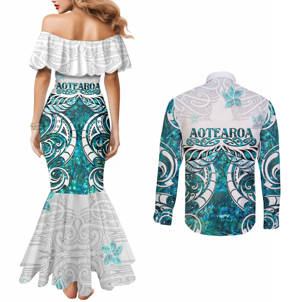 New Zealand Aotearoa Kia Ora Couples Matching Mermaid Dress and Long Sleeve Button Shirt Paua Shell Maori Silver Fern LT05 - Polynesian Pride