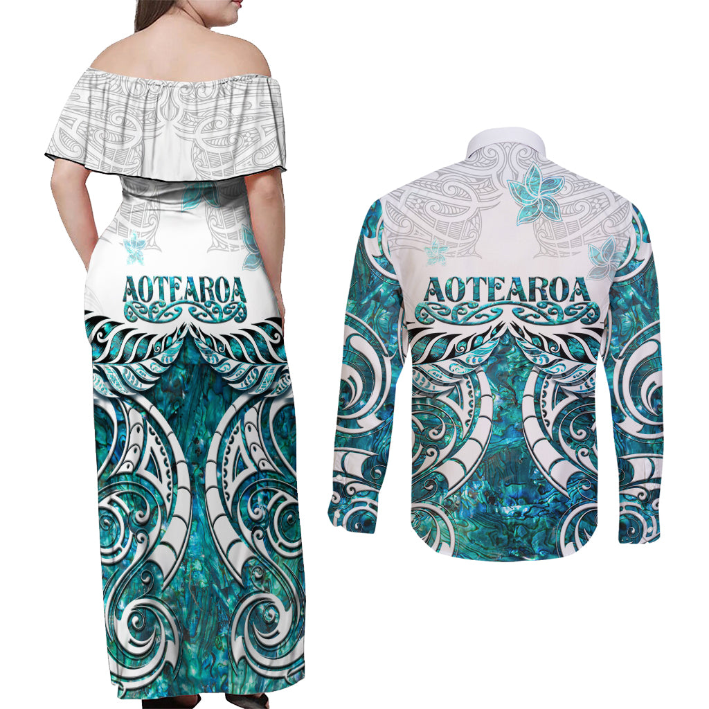 New Zealand Aotearoa Kia Ora Couples Matching Off Shoulder Maxi Dress and Long Sleeve Button Shirt Paua Shell Maori Silver Fern LT05 - Polynesian Pride