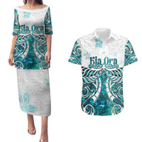 New Zealand Aotearoa Kia Ora Couples Matching Puletasi and Hawaiian Shirt Paua Shell Maori Silver Fern LT05 Turquoise - Polynesian Pride