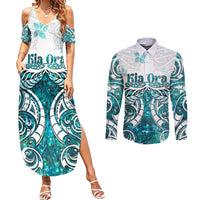 New Zealand Aotearoa Kia Ora Couples Matching Summer Maxi Dress and Long Sleeve Button Shirt Paua Shell Maori Silver Fern LT05 Turquoise - Polynesian Pride