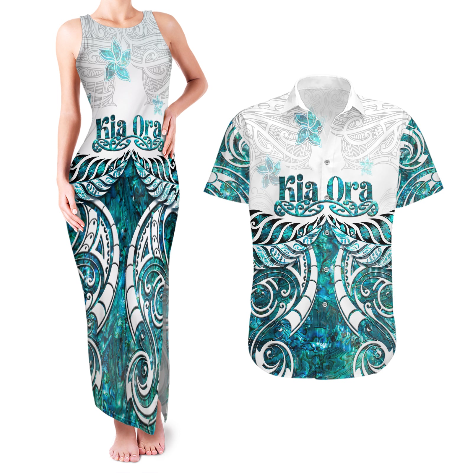 New Zealand Aotearoa Kia Ora Couples Matching Tank Maxi Dress and Hawaiian Shirt Paua Shell Maori Silver Fern LT05 Turquoise - Polynesian Pride