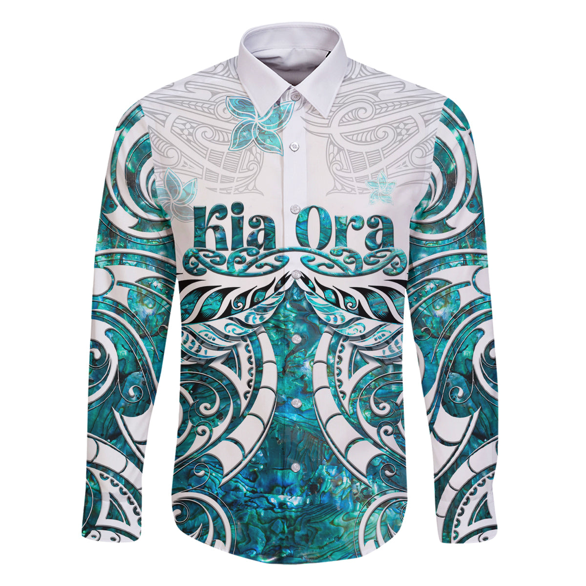 New Zealand Aotearoa Kia Ora Family Matching Long Sleeve Bodycon Dress and Hawaiian Shirt Paua Shell Maori Silver Fern LT05 Dad's Shirt - Long Sleeve Turquoise - Polynesian Pride