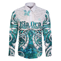 New Zealand Aotearoa Kia Ora Family Matching Long Sleeve Bodycon Dress and Hawaiian Shirt Paua Shell Maori Silver Fern LT05 Dad's Shirt - Long Sleeve Turquoise - Polynesian Pride