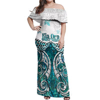 New Zealand Aotearoa Kia Ora Off Shoulder Maxi Dress Paua Shell Maori Silver Fern LT05 Women Turquoise - Polynesian Pride