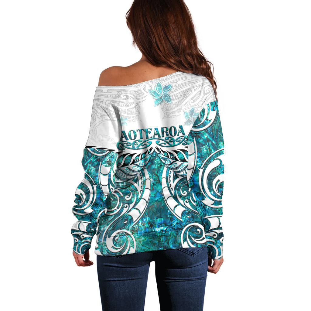 New Zealand Aotearoa Kia Ora Off Shoulder Sweater Paua Shell Maori Silver Fern LT05 - Polynesian Pride