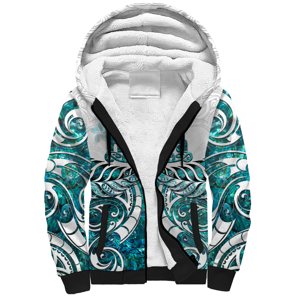 New Zealand Aotearoa Kia Ora Sherpa Hoodie Paua Shell Maori Silver Fern LT05 Unisex Turquoise - Polynesian Pride