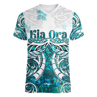 New Zealand Aotearoa Kia Ora Women V Neck T Shirt Paua Shell Maori Silver Fern LT05 Female Turquoise - Polynesian Pride