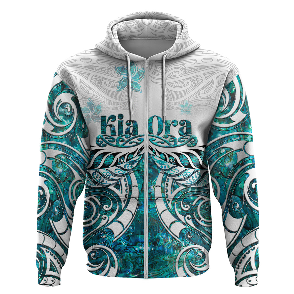 New Zealand Aotearoa Kia Ora Zip Hoodie Paua Shell Maori Silver Fern LT05 Zip Hoodie Turquoise - Polynesian Pride