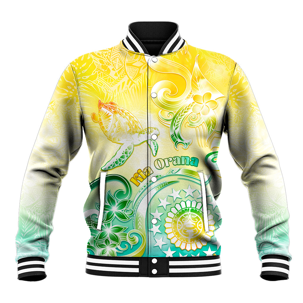Personalised Cook Islands Kia Orana Baseball Jacket Polynesian Turtle With Circle Stars LT05 Unisex Yellow - Polynesian Pride