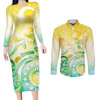 Personalised Cook Islands Kia Orana Couples Matching Long Sleeve Bodycon Dress and Long Sleeve Button Shirt Polynesian Turtle With Circle Stars LT05 Yellow - Polynesian Pride