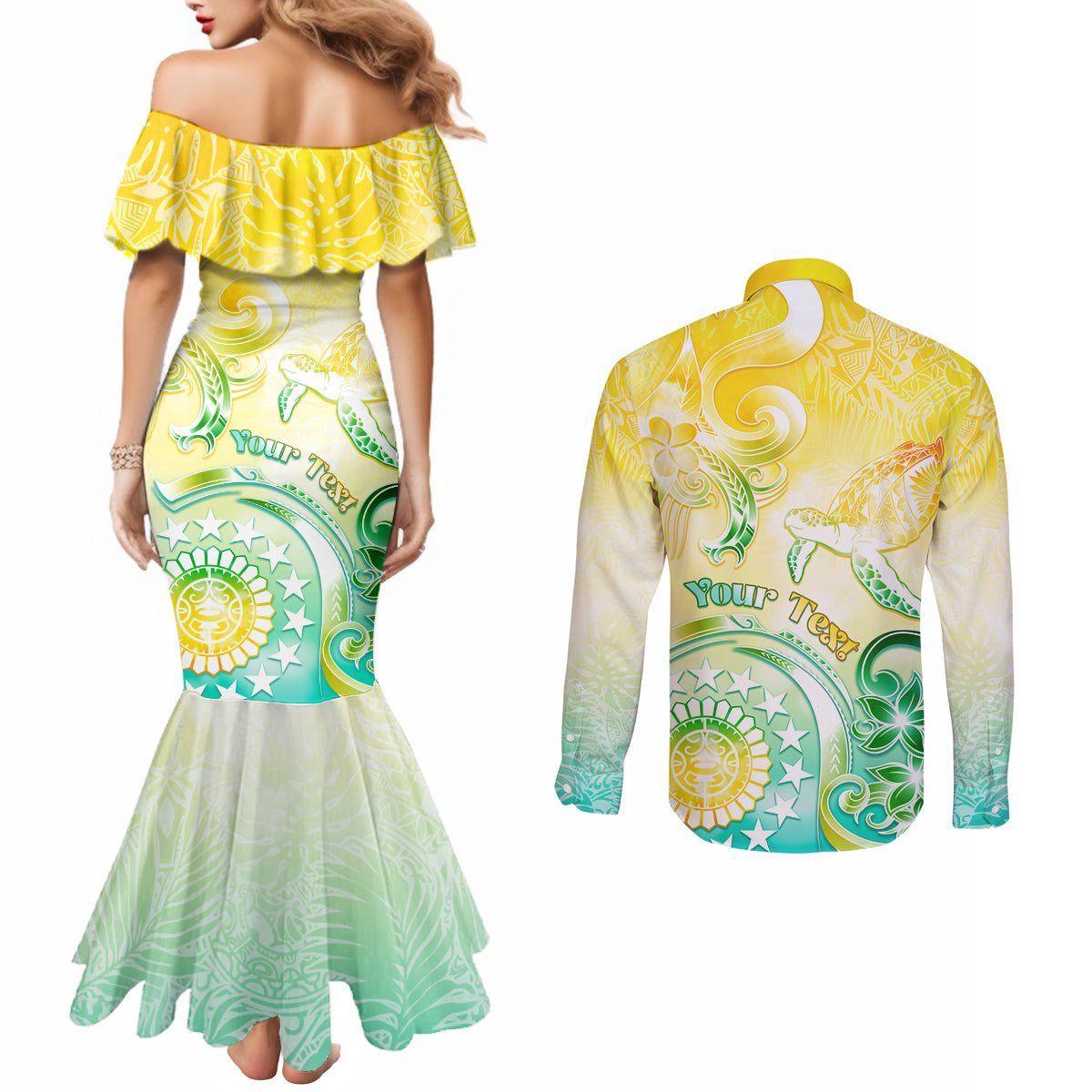 Personalised Cook Islands Kia Orana Couples Matching Mermaid Dress and Long Sleeve Button Shirt Polynesian Turtle With Circle Stars LT05 - Polynesian Pride