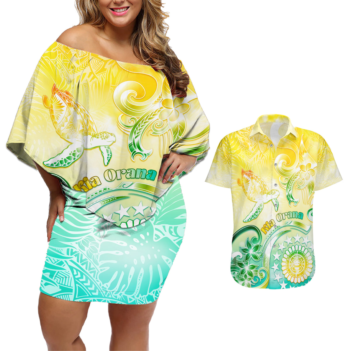 Personalised Cook Islands Kia Orana Couples Matching Off Shoulder Short Dress and Hawaiian Shirt Polynesian Turtle With Circle Stars LT05 Yellow - Polynesian Pride