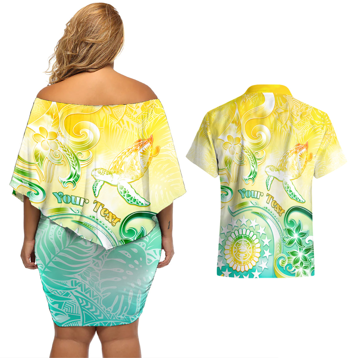 Personalised Cook Islands Kia Orana Couples Matching Off Shoulder Short Dress and Hawaiian Shirt Polynesian Turtle With Circle Stars LT05 - Polynesian Pride