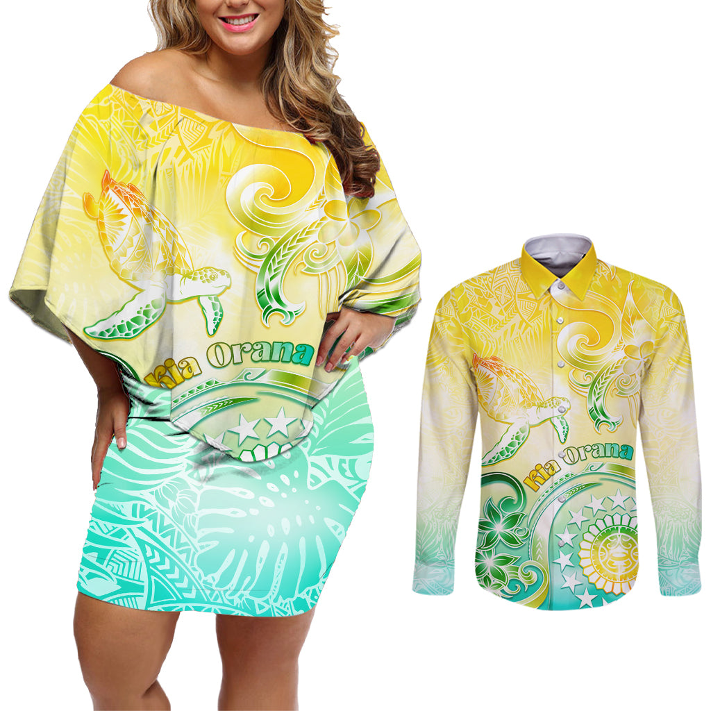Personalised Cook Islands Kia Orana Couples Matching Off Shoulder Short Dress and Long Sleeve Button Shirt Polynesian Turtle With Circle Stars LT05 Yellow - Polynesian Pride