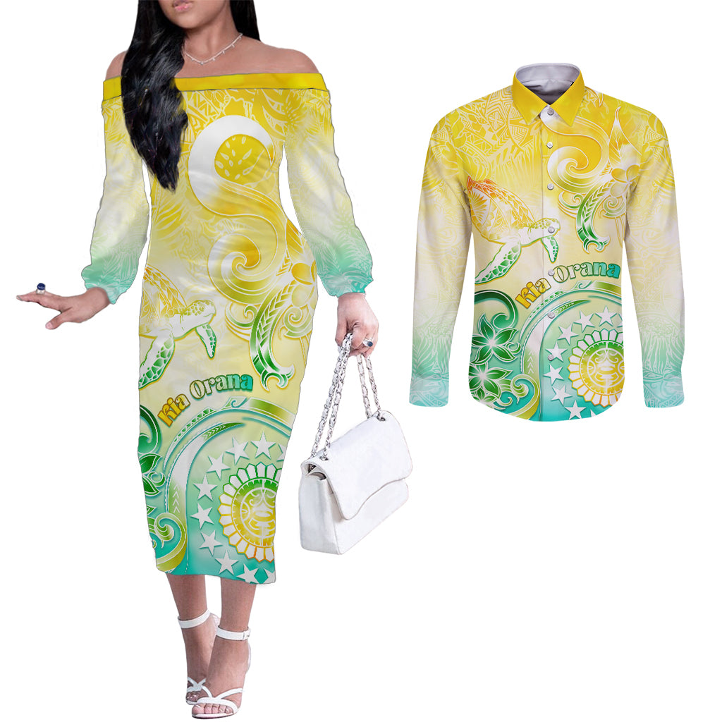 Personalised Cook Islands Kia Orana Couples Matching Off The Shoulder Long Sleeve Dress and Long Sleeve Button Shirt Polynesian Turtle With Circle Stars LT05 Yellow - Polynesian Pride