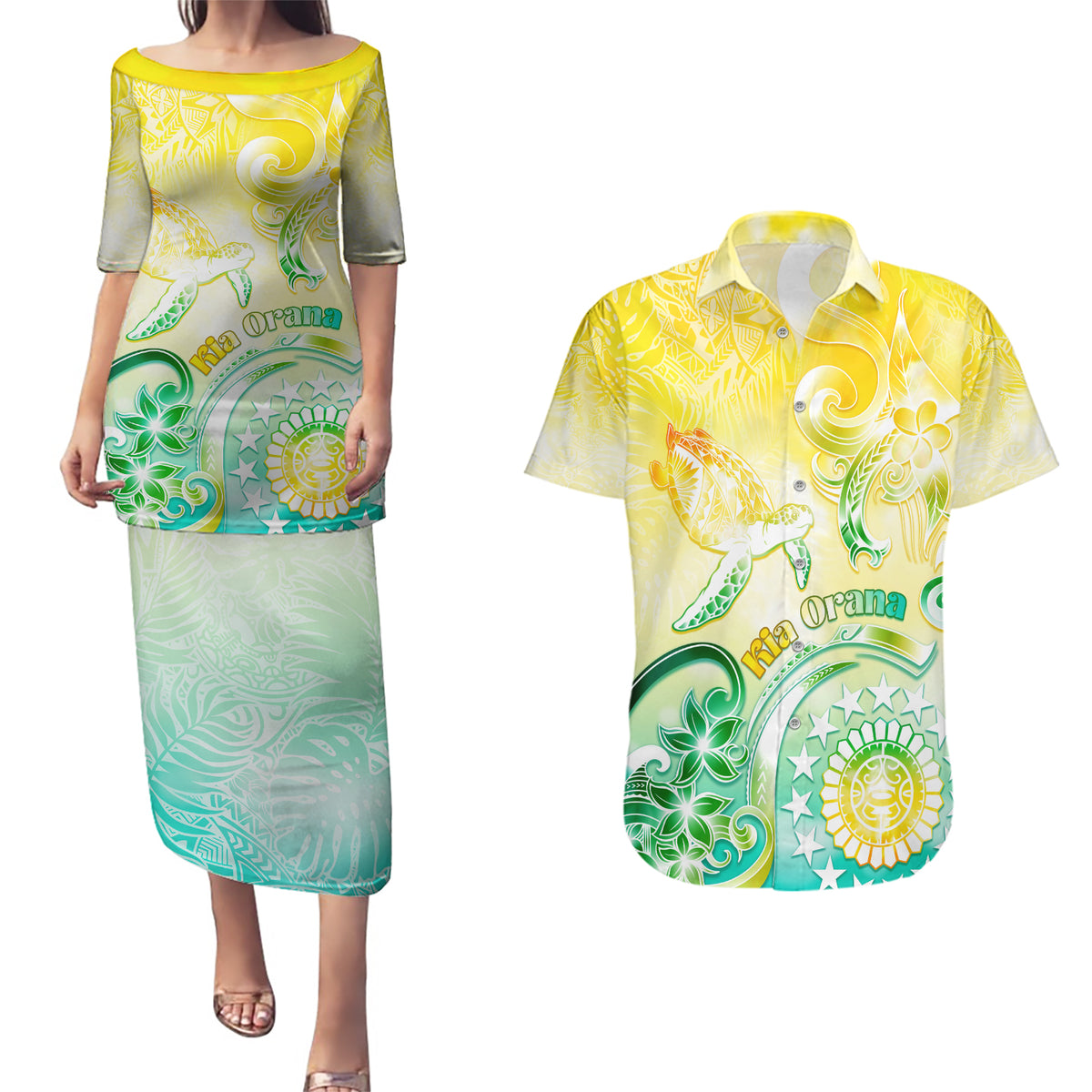 Personalised Cook Islands Kia Orana Couples Matching Puletasi and Hawaiian Shirt Polynesian Turtle With Circle Stars LT05 Yellow - Polynesian Pride