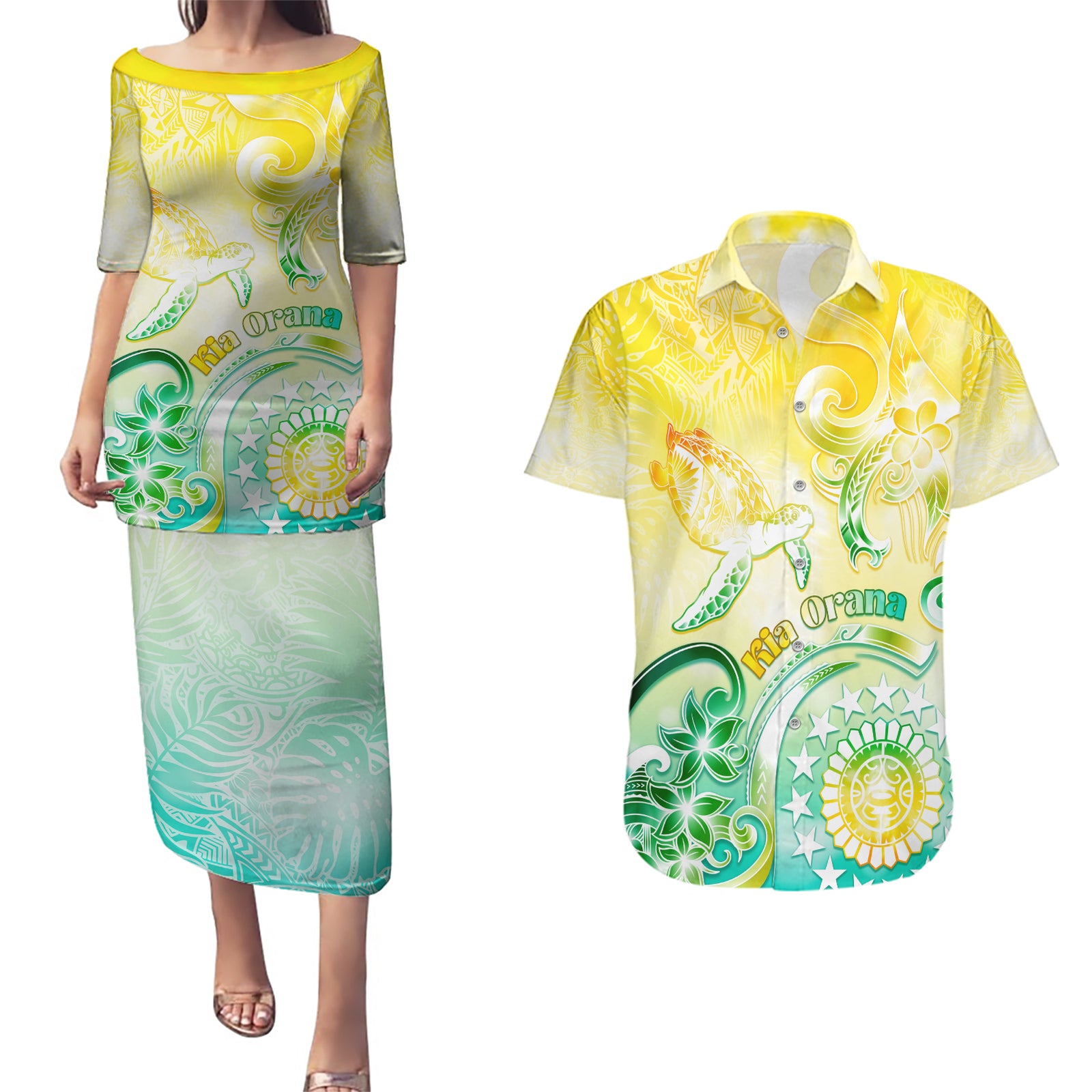 Personalised Cook Islands Kia Orana Couples Matching Puletasi and Hawaiian Shirt Polynesian Turtle With Circle Stars LT05 Yellow - Polynesian Pride