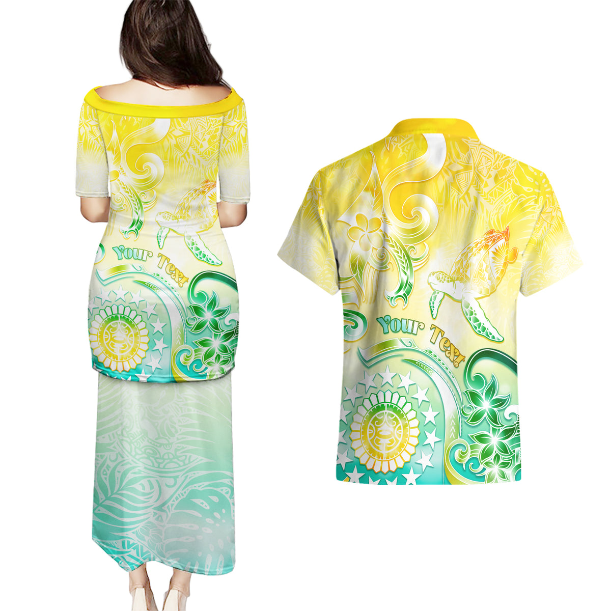 Personalised Cook Islands Kia Orana Couples Matching Puletasi and Hawaiian Shirt Polynesian Turtle With Circle Stars LT05 - Polynesian Pride