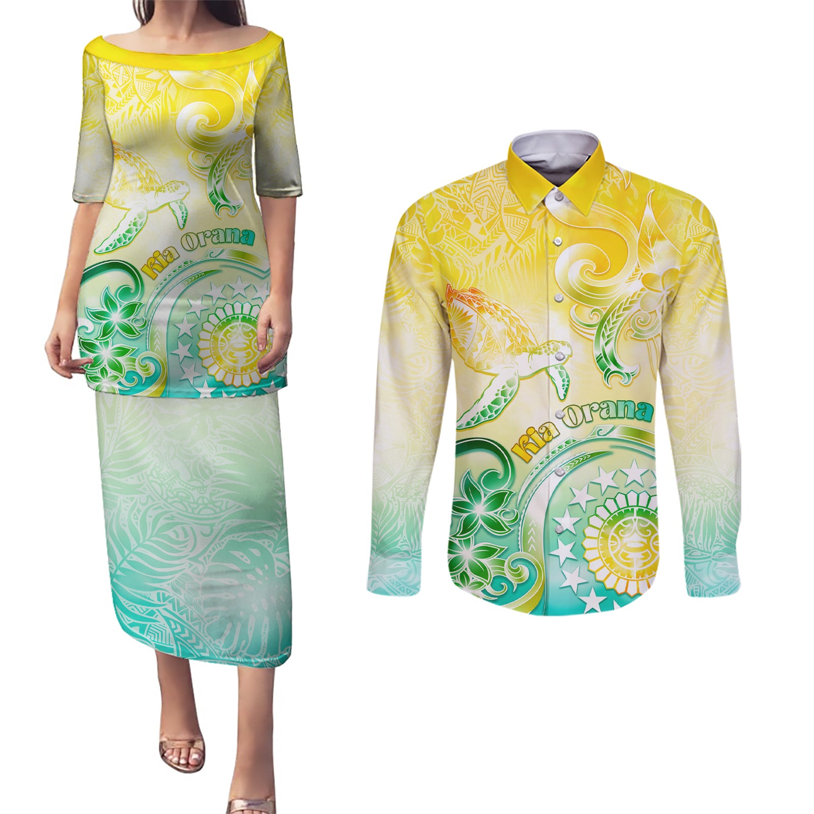 Personalised Cook Islands Kia Orana Couples Matching Puletasi and Long Sleeve Button Shirt Polynesian Turtle With Circle Stars LT05 Yellow - Polynesian Pride