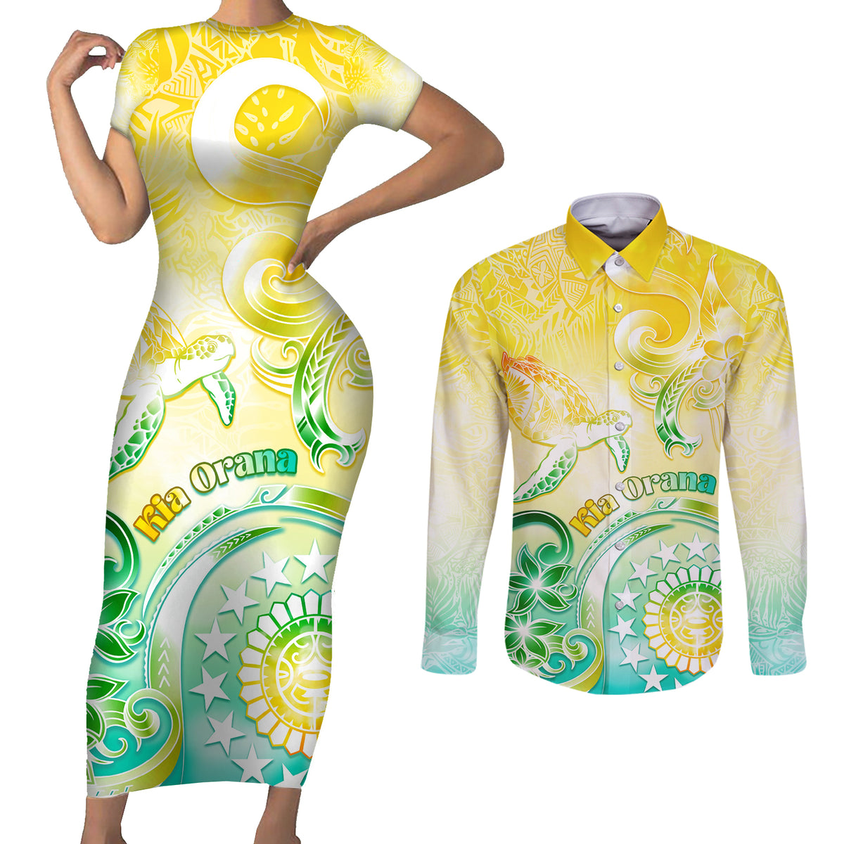 Personalised Cook Islands Kia Orana Couples Matching Short Sleeve Bodycon Dress and Long Sleeve Button Shirt Polynesian Turtle With Circle Stars LT05 Yellow - Polynesian Pride