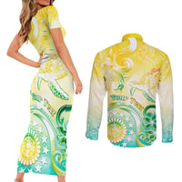 Personalised Cook Islands Kia Orana Couples Matching Short Sleeve Bodycon Dress and Long Sleeve Button Shirt Polynesian Turtle With Circle Stars LT05 - Polynesian Pride