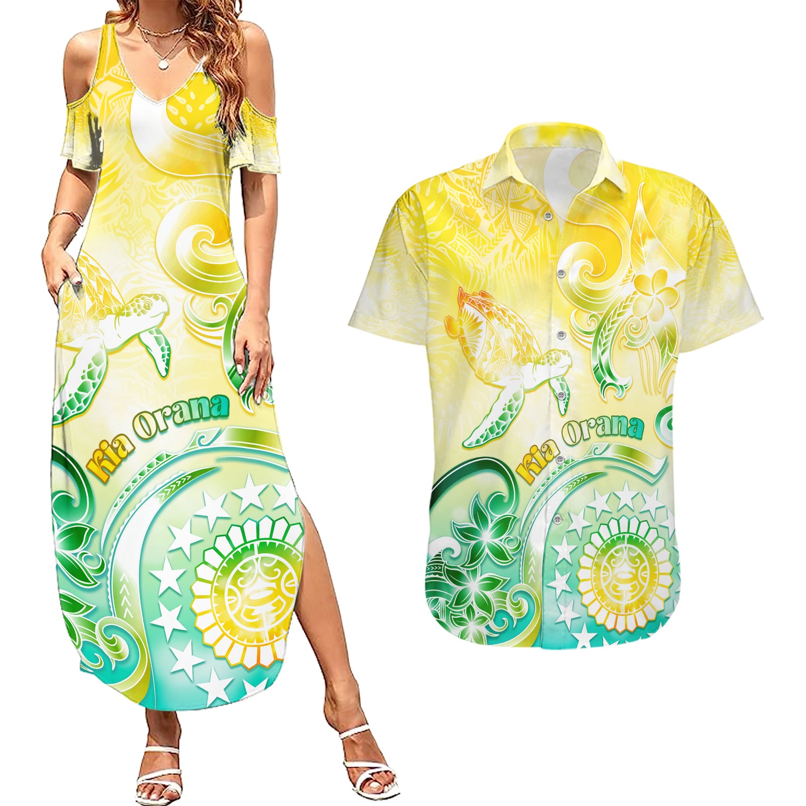 Personalised Cook Islands Kia Orana Couples Matching Summer Maxi Dress and Hawaiian Shirt Polynesian Turtle With Circle Stars LT05 Yellow - Polynesian Pride