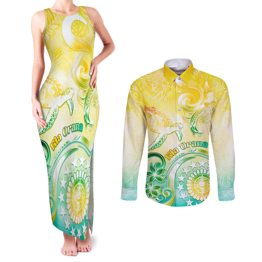 Personalised Cook Islands Kia Orana Couples Matching Tank Maxi Dress and Long Sleeve Button Shirt Polynesian Turtle With Circle Stars LT05 Yellow - Polynesian Pride