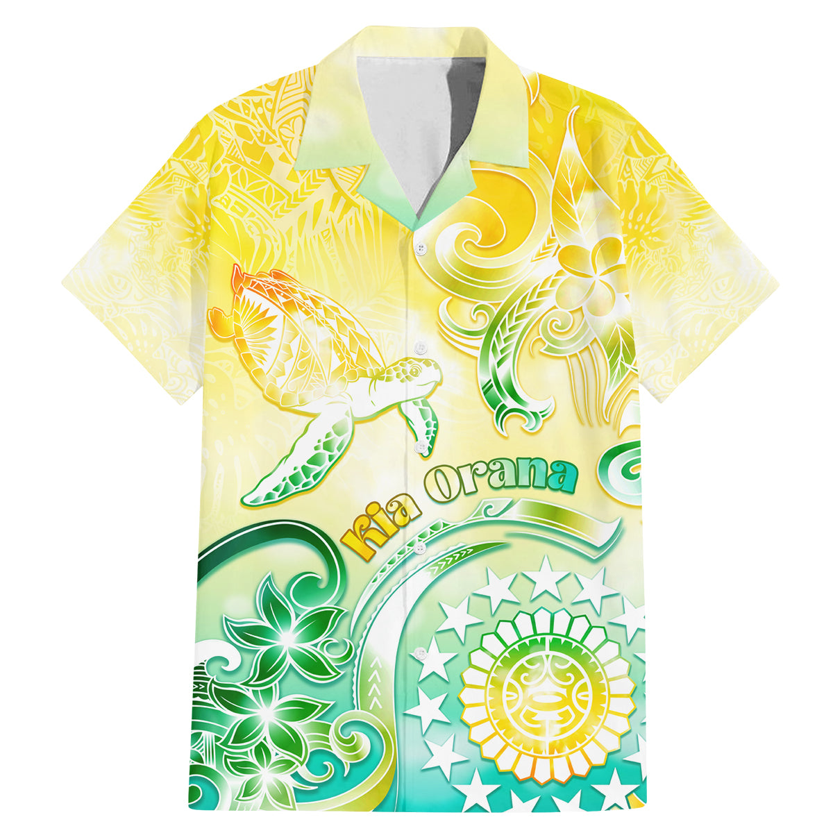 Personalised Cook Islands Kia Orana Family Matching Mermaid Dress and Hawaiian Shirt Polynesian Turtle With Circle Stars LT05 Dad's Shirt - Short Sleeve Yellow - Polynesian Pride