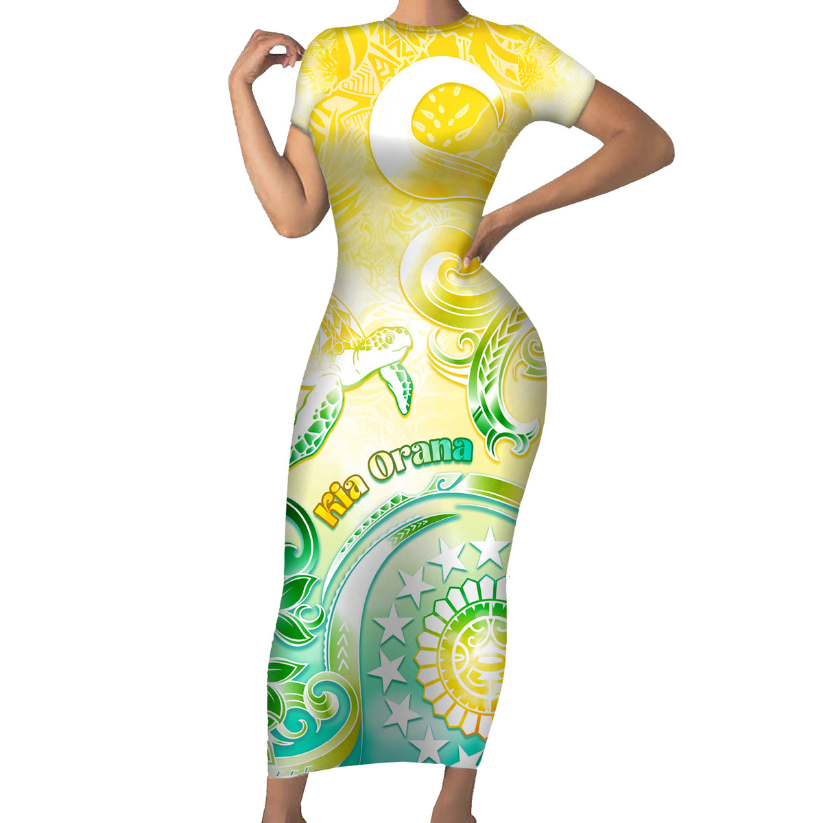 Personalised Cook Islands Kia Orana Family Matching Short Sleeve Bodycon Dress and Hawaiian Shirt Polynesian Turtle With Circle Stars LT05 Mom's Dress Yellow - Polynesian Pride