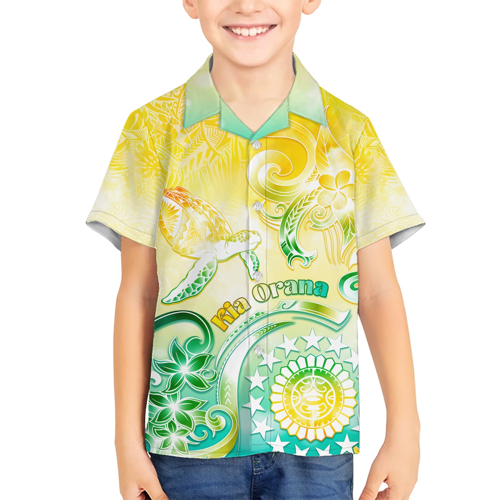 Personalised Cook Islands Kia Orana Kid Hawaiian Shirt Polynesian Turtle With Circle Stars LT05 Kid Yellow - Polynesian Pride