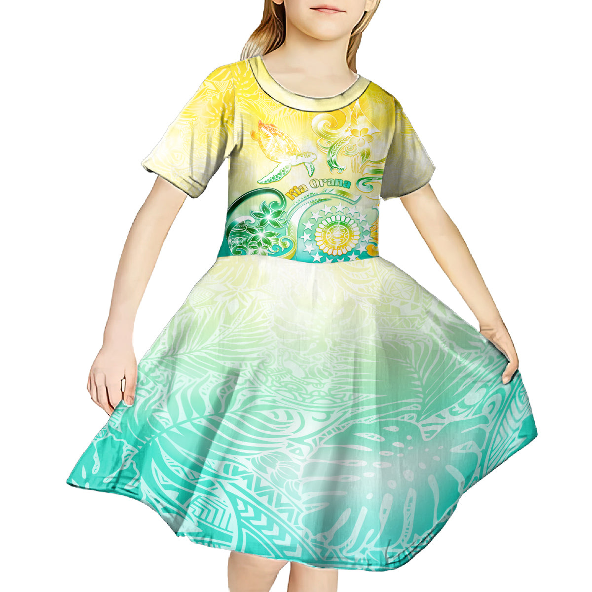 Personalised Cook Islands Kia Orana Kid Short Sleeve Dress Polynesian Turtle With Circle Stars LT05 - Polynesian Pride