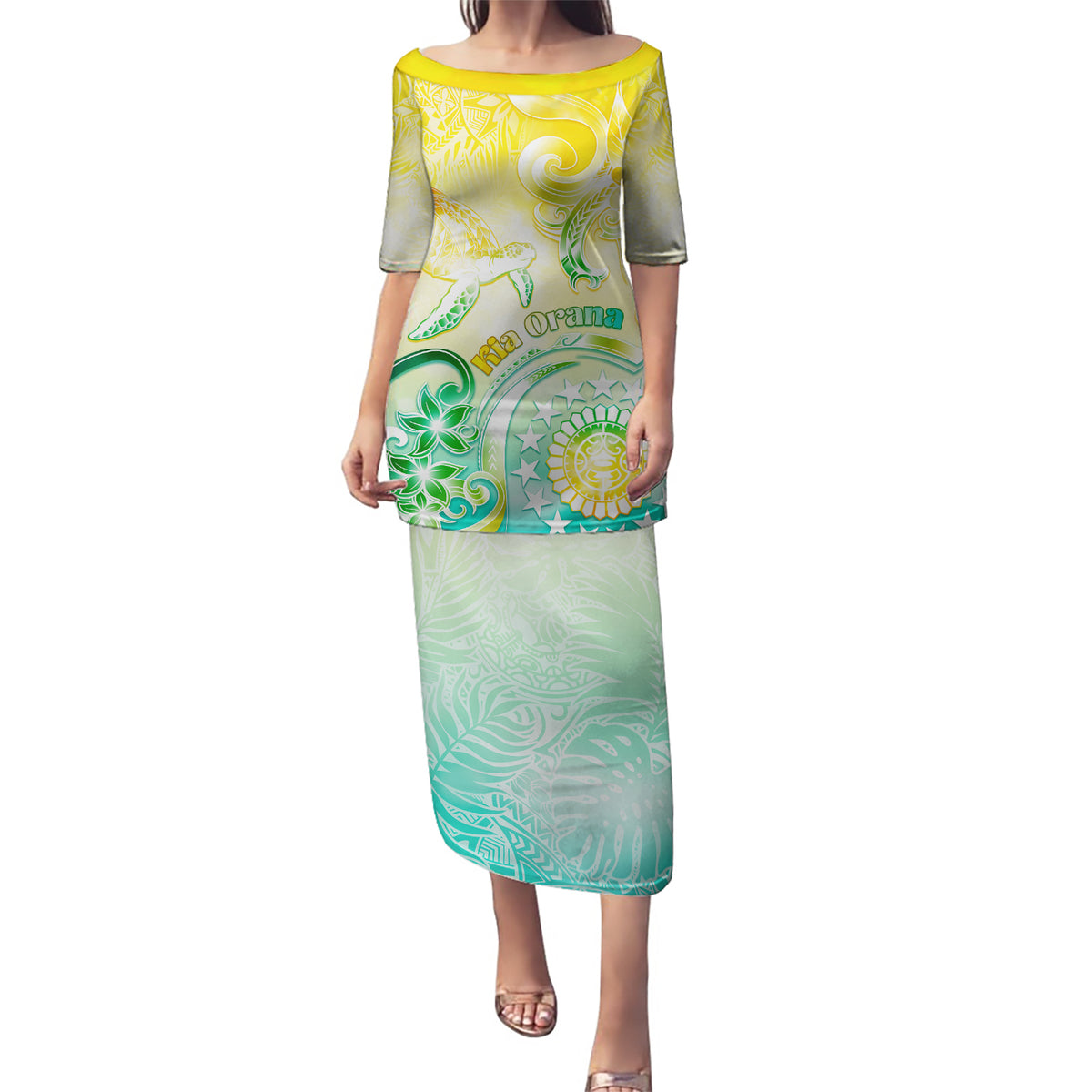 Personalised Cook Islands Kia Orana Puletasi Polynesian Turtle With Circle Stars LT05 Long Dress Yellow - Polynesian Pride