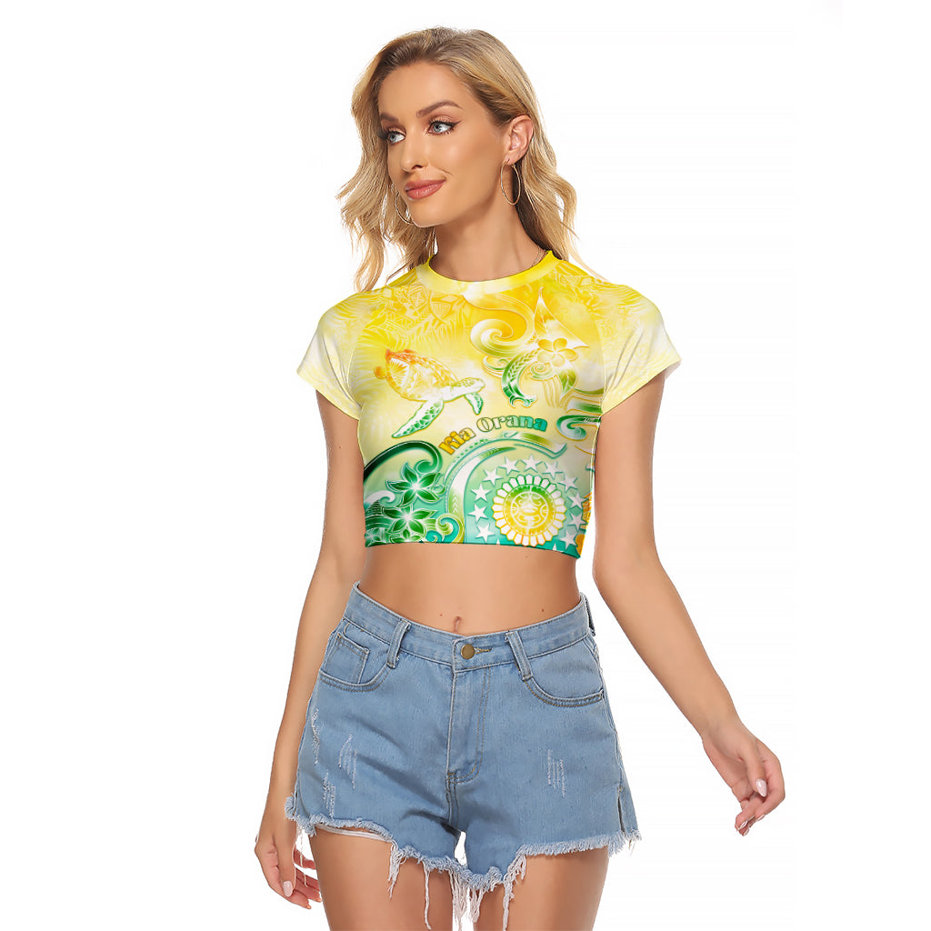 Personalised Cook Islands Kia Orana Raglan Cropped T Shirt Polynesian Turtle With Circle Stars LT05 Female Yellow - Polynesian Pride