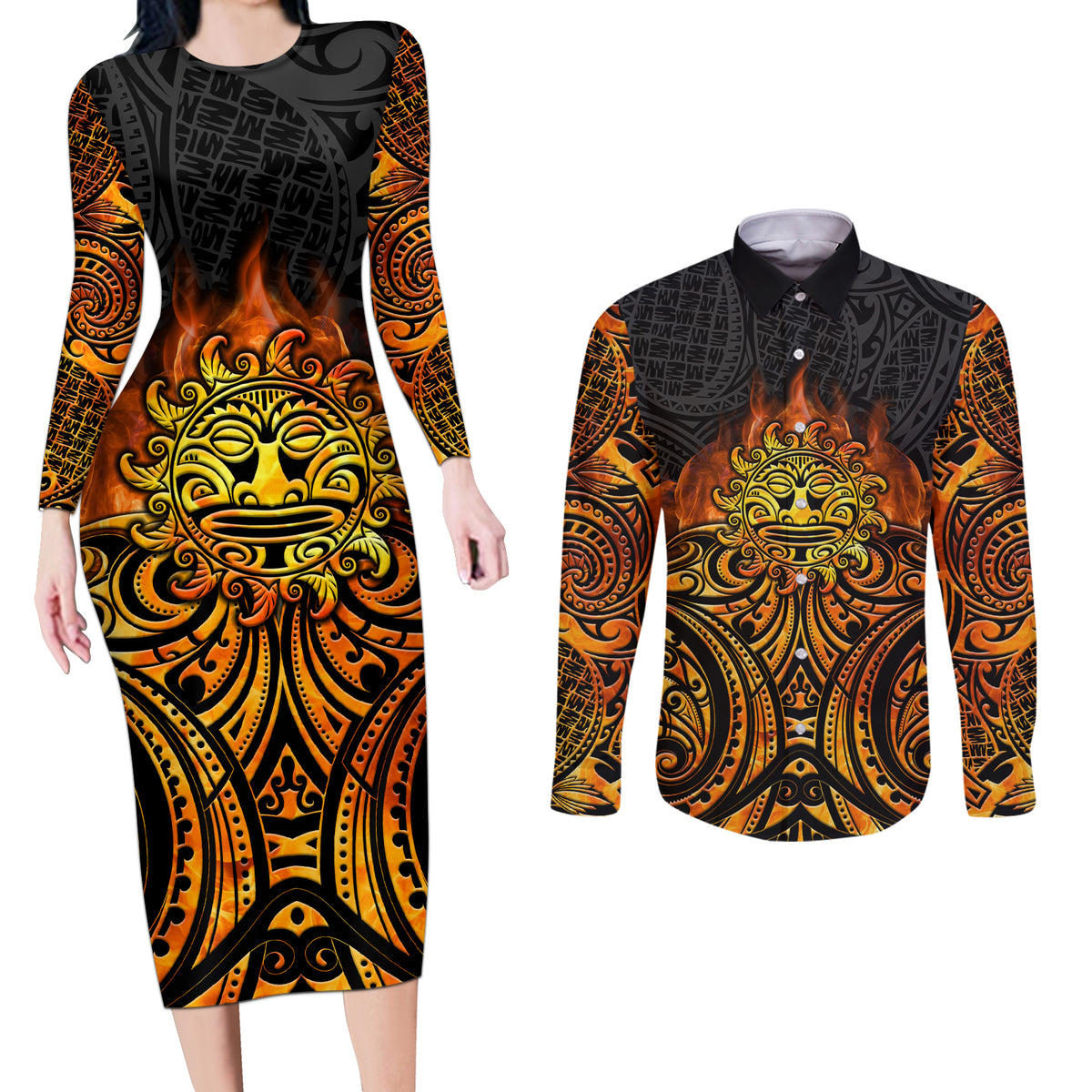 New Zealand Tamanuitera The Sun Couples Matching Long Sleeve Bodycon Dress and Long Sleeve Button Shirt Maori Pattern