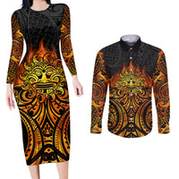New Zealand Tamanuitera The Sun Couples Matching Long Sleeve Bodycon Dress and Long Sleeve Button Shirt Maori Pattern