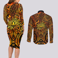 New Zealand Tamanuitera The Sun Couples Matching Long Sleeve Bodycon Dress and Long Sleeve Button Shirt Maori Pattern