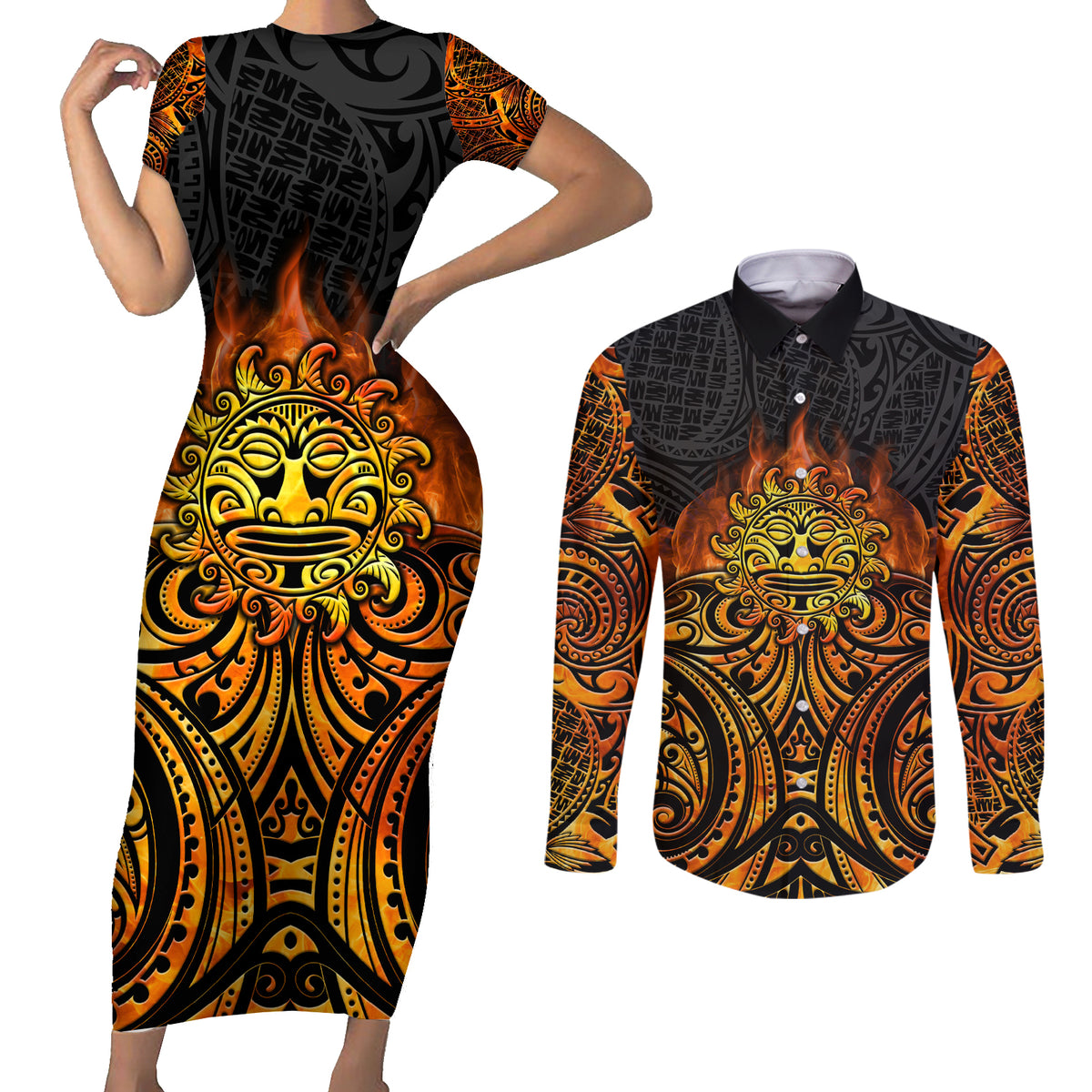 New Zealand Tamanuitera The Sun Couples Matching Short Sleeve Bodycon Dress and Long Sleeve Button Shirt Maori Pattern