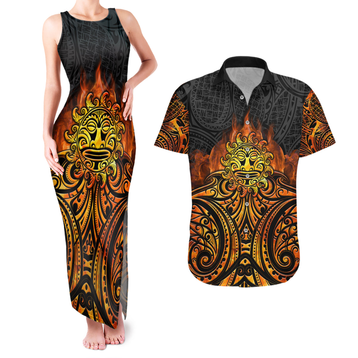New Zealand Tamanuitera The Sun Couples Matching Tank Maxi Dress and Hawaiian Shirt Maori Pattern