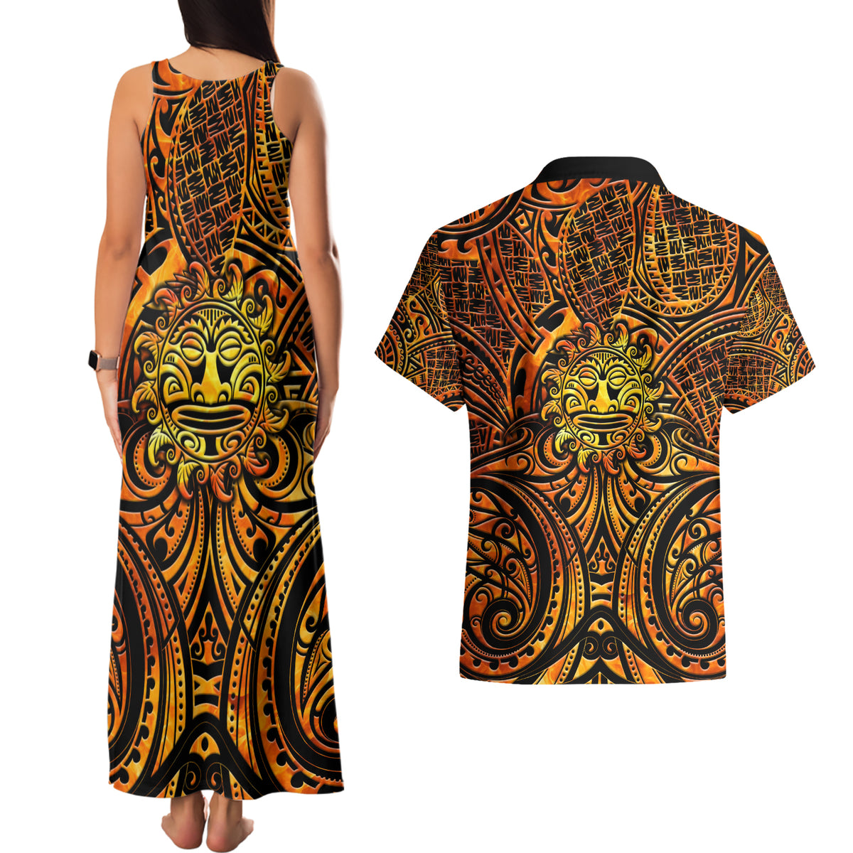 New Zealand Tamanuitera The Sun Couples Matching Tank Maxi Dress and Hawaiian Shirt Maori Pattern