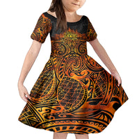 New Zealand Tamanuitera The Sun Family Matching Long Sleeve Bodycon Dress and Hawaiian Shirt Maori Pattern LT05 Daughter's Dress Orange - Polynesian Pride