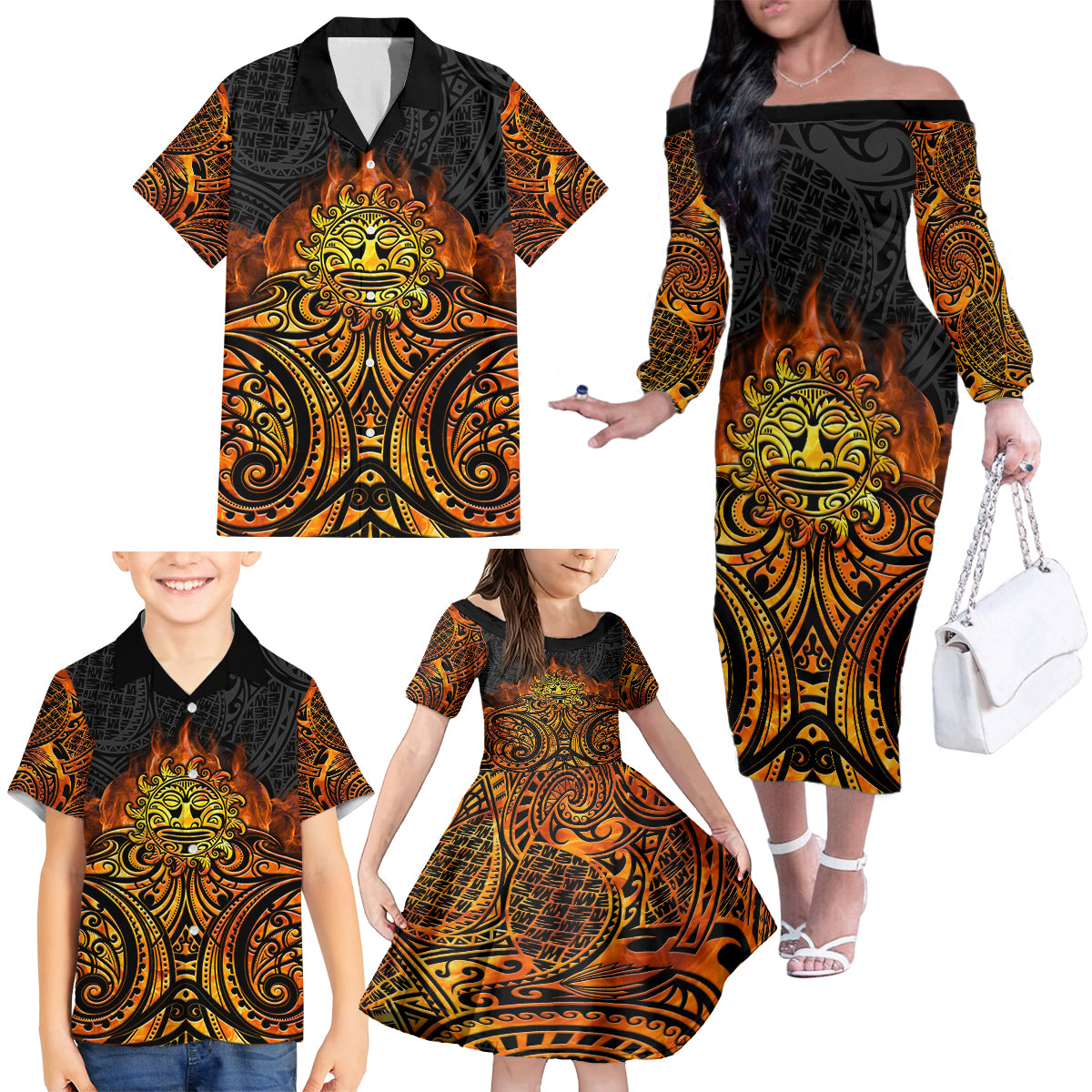 New Zealand Tamanuitera The Sun Family Matching Off The Shoulder Long Sleeve Dress and Hawaiian Shirt Maori Pattern LT05 - Polynesian Pride