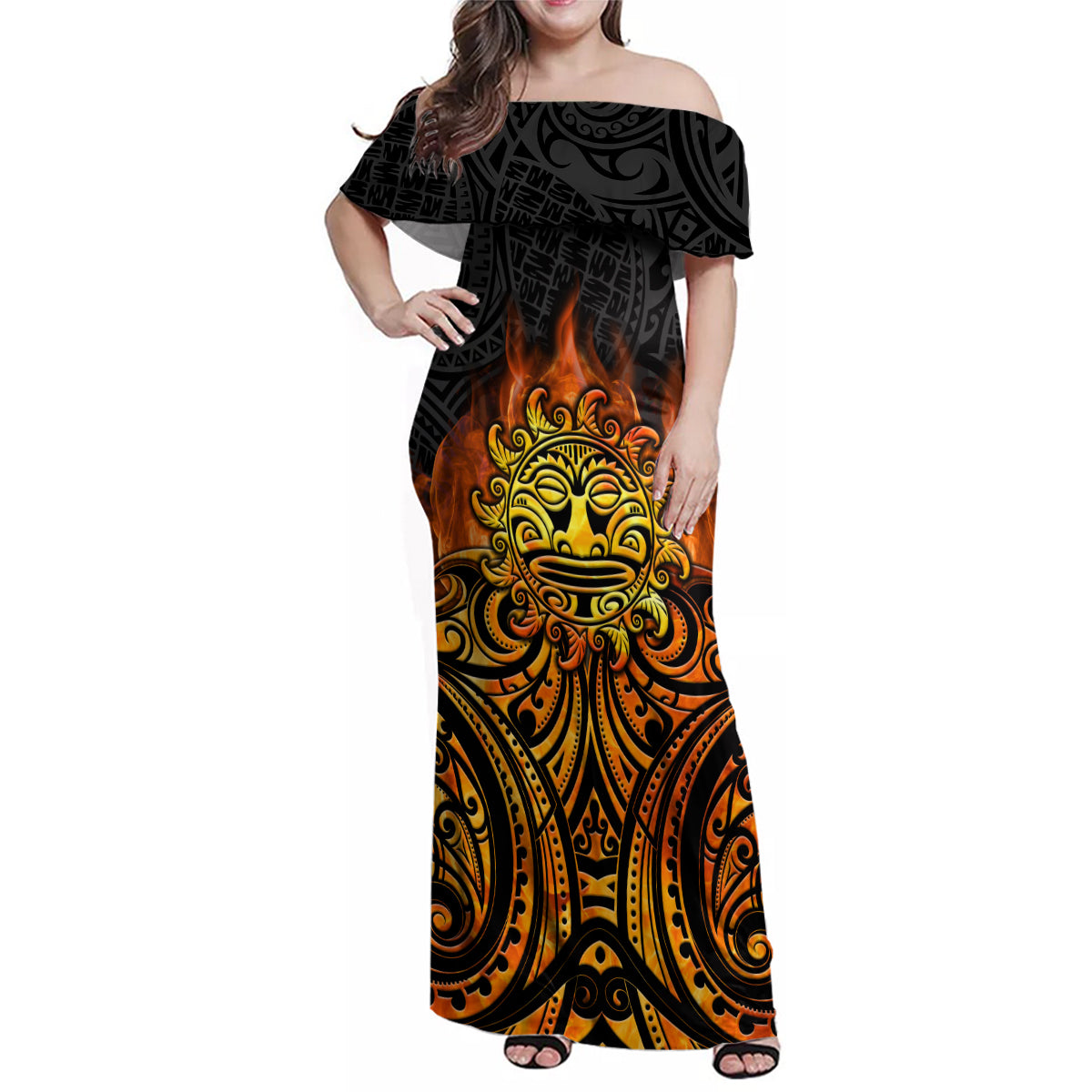 New Zealand Tamanuitera The Sun Family Matching Off Shoulder Maxi Dress and Hawaiian Shirt Maori Pattern