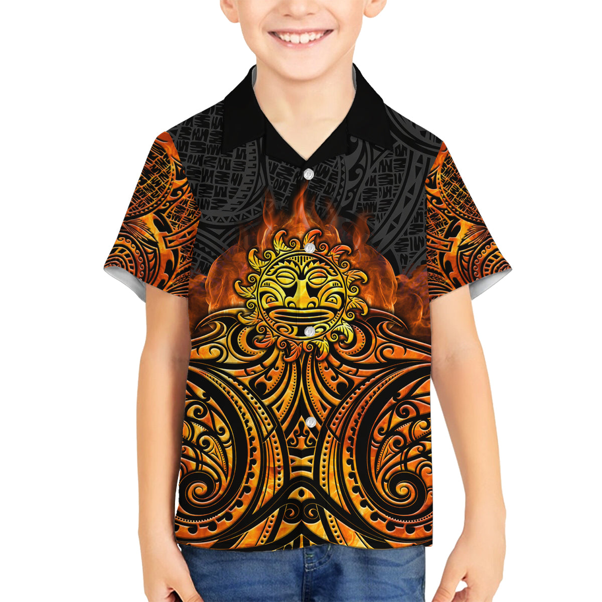 New Zealand Tamanuitera The Sun Family Matching Off Shoulder Short Dress and Hawaiian Shirt Maori Pattern LT05 Son's Shirt Orange - Polynesian Pride