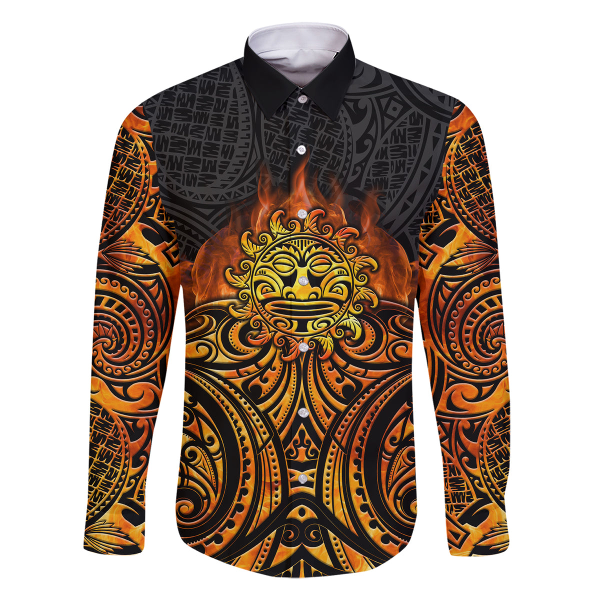 New Zealand Tamanuitera The Sun Family Matching Short Sleeve Bodycon Dress and Hawaiian Shirt Maori Pattern LT05 Dad's Shirt - Long Sleeve Orange - Polynesian Pride