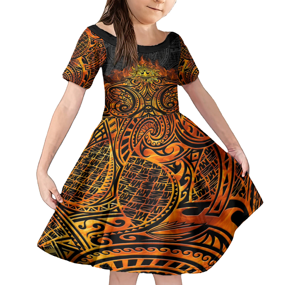 New Zealand Tamanuitera The Sun Family Matching Tank Maxi Dress and Hawaiian Shirt Maori Pattern LT05 Daughter's Dress Orange - Polynesian Pride